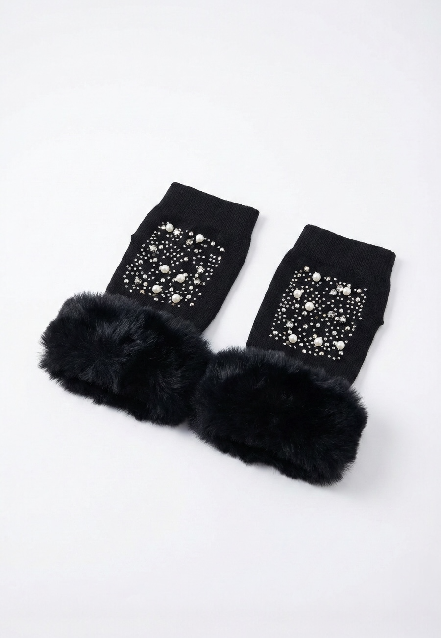 İnci & Taş İşlemeli Kürk Detaylı Parmaksız Eldiven
