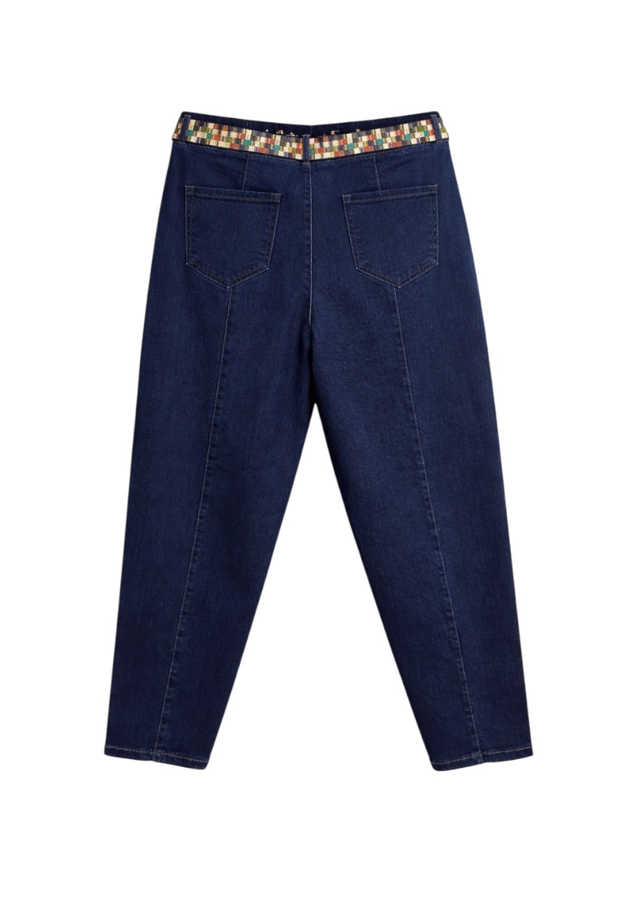 Büyük Beden Renkli Kemer Detaylı Likralı Denim Pantolon