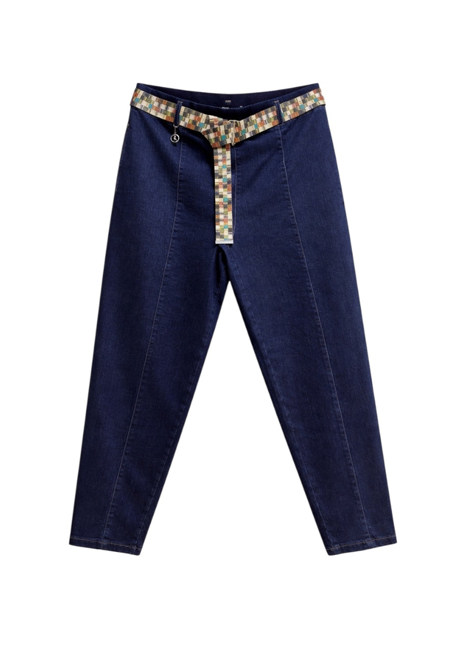 Büyük Beden Renkli Kemer Detaylı Likralı Denim Pantolon