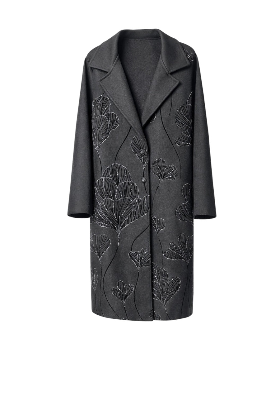 Siyah Yaprak İşlemeli Kuşaklı Kaşe Kaban