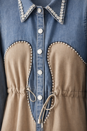 Yakası Taşlı Jean Elbise Camel