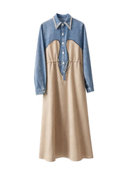 Yakası Taşlı Jean Elbise Camel