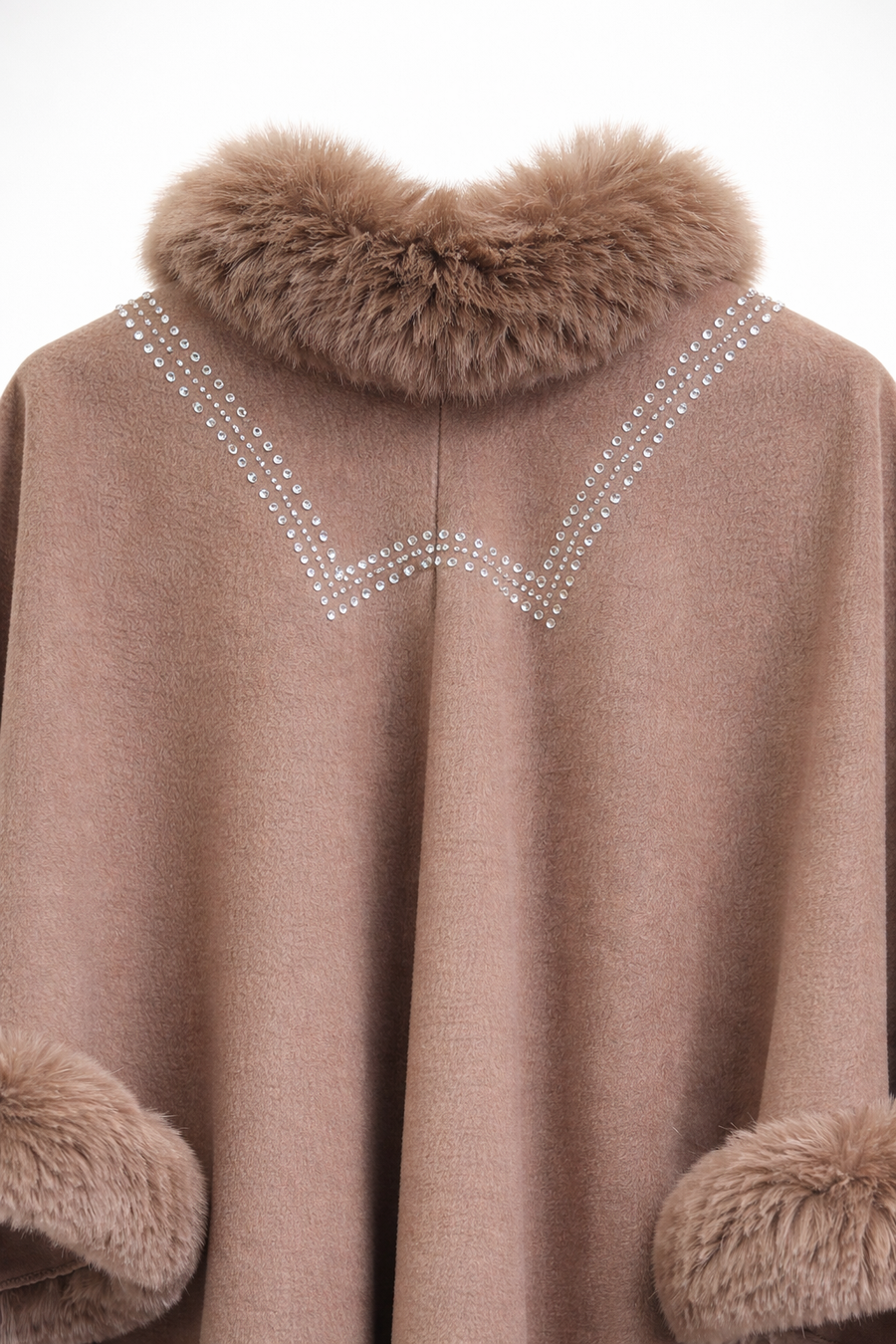 Oversize Taşlı Yaka Kürklü Panço - Vizon