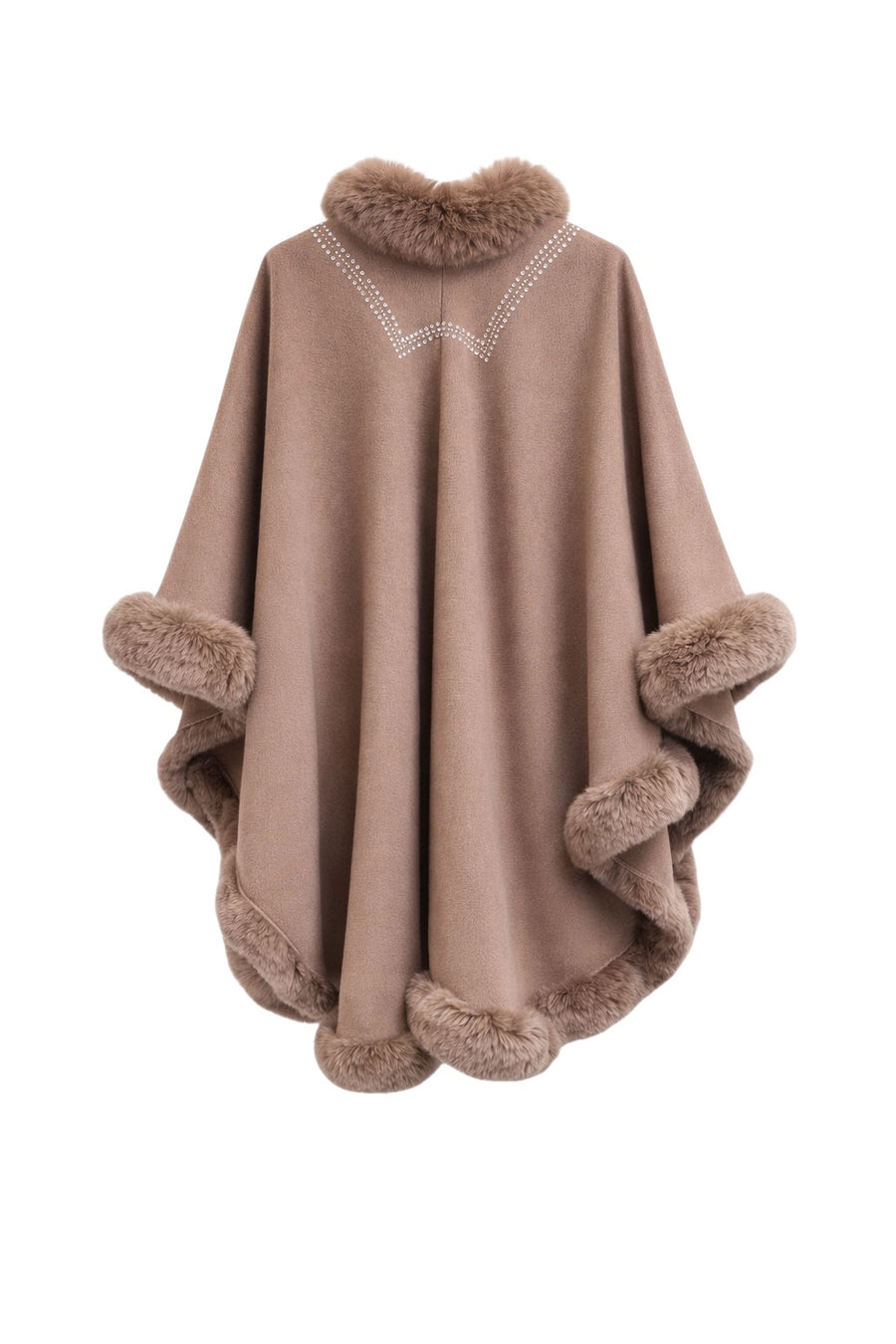 Oversize Taşlı Yaka Kürklü Panço - Vizon