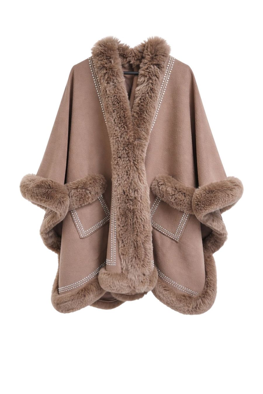 Oversize Taşlı Yaka Kürklü Panço - Vizon