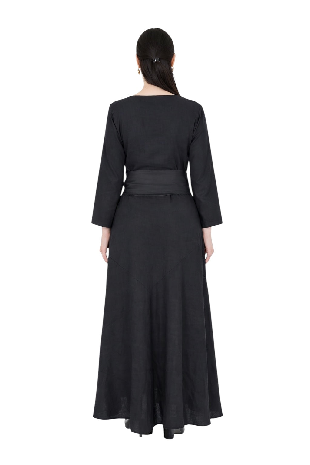 Kuşaklı Doğal Keten Elbise- Siyah