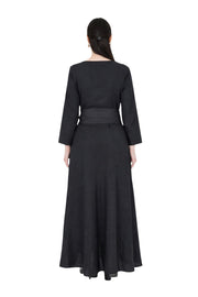 Kuşaklı Doğal Keten Elbise- Siyah