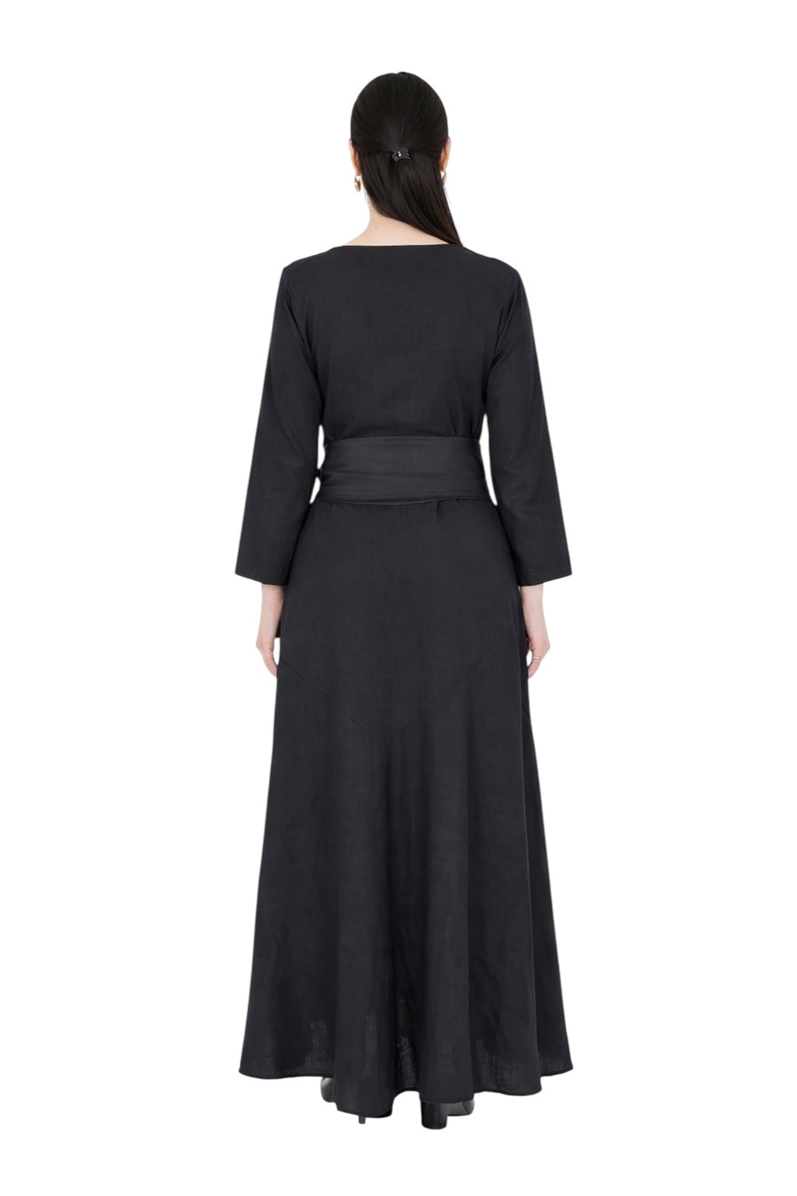 Kuşaklı Doğal Keten Elbise- Siyah