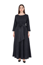 Kuşaklı Doğal Keten Elbise- Siyah