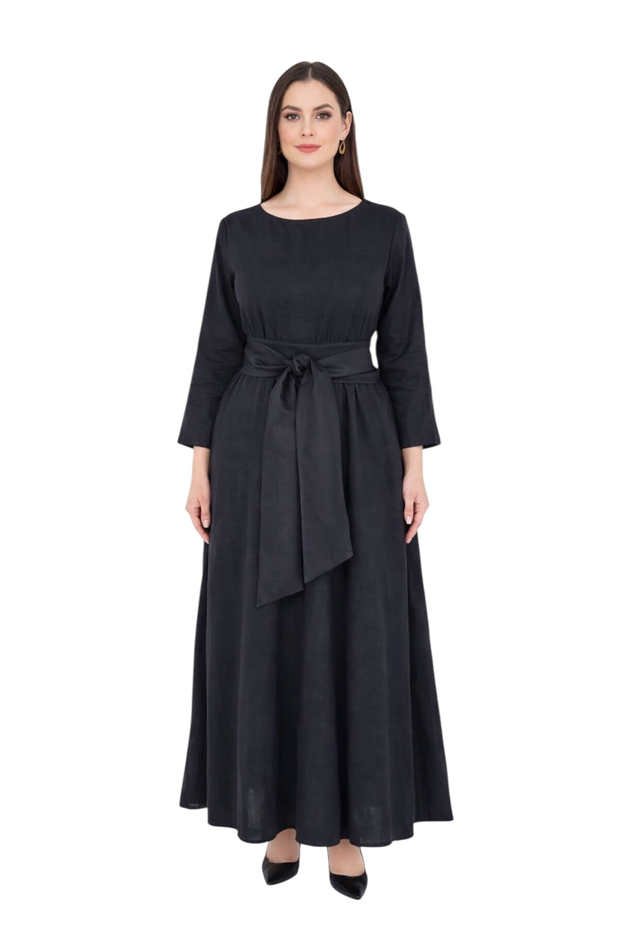 Kuşaklı Doğal Keten Elbise- Siyah