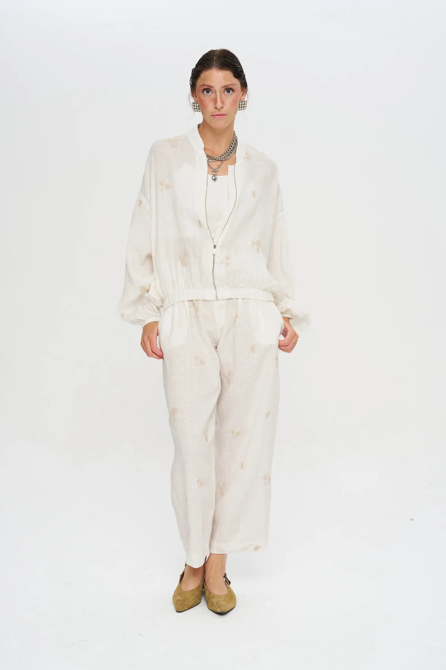 %100 Keten Ekru Bomber Ceket-RS38207