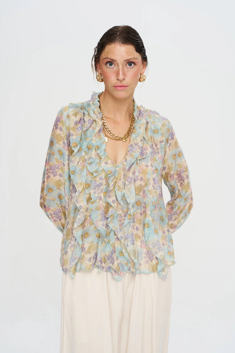 Çiçek Desenli Tencel Karışımlı Gömlek-RS34940