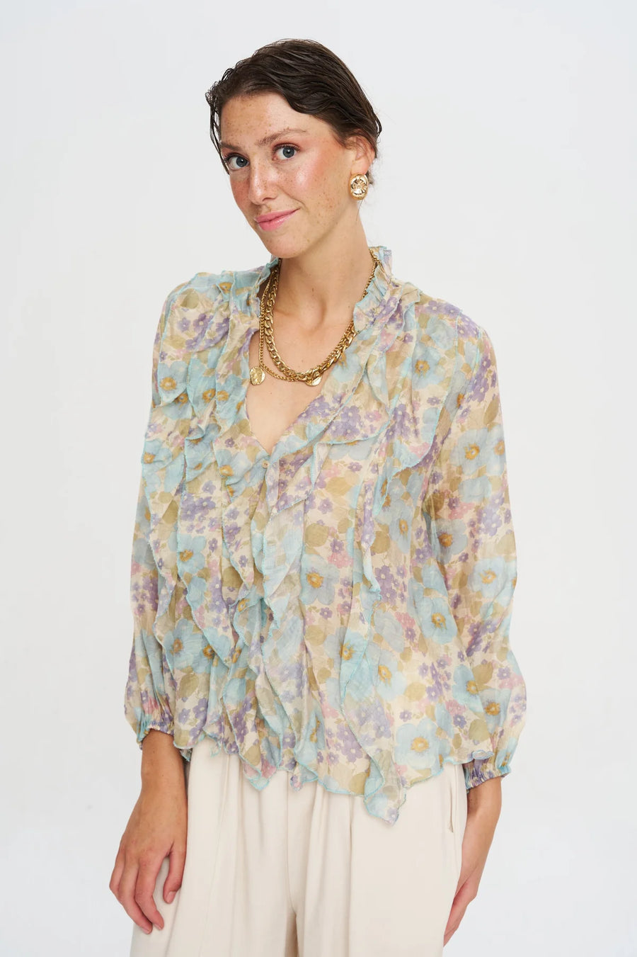 Çiçek Desenli Tencel Karışımlı Gömlek-RS34940