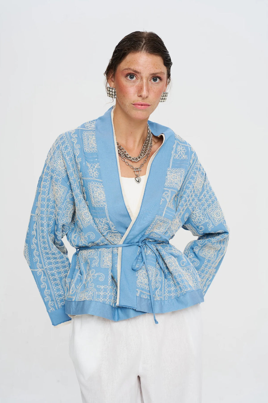 Etnik Nakışlı Kuşaklı Kısa Kimono-RS34920