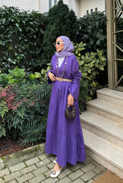 %100 Keten Rahat Kesim Uzun Elbise MOR