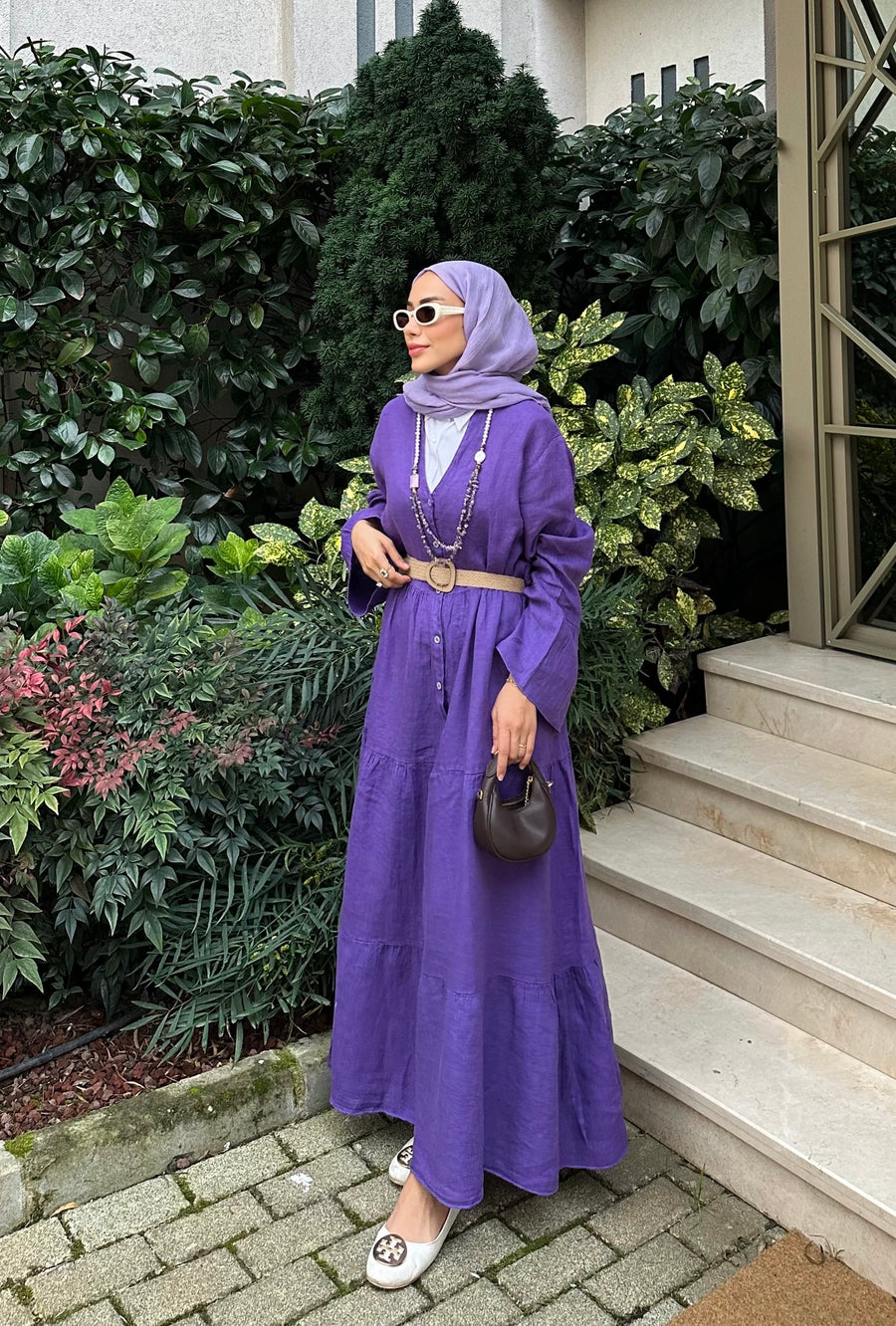 %100 Keten Rahat Kesim Uzun Elbise MOR