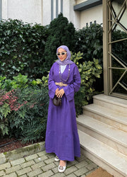 %100 Keten Rahat Kesim Uzun Elbise MOR