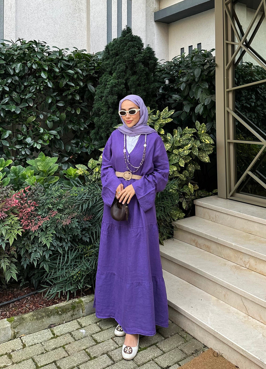 %100 Keten Rahat Kesim Uzun Elbise MOR