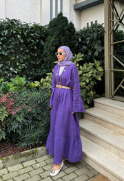 %100 Keten Rahat Kesim Uzun Elbise MOR