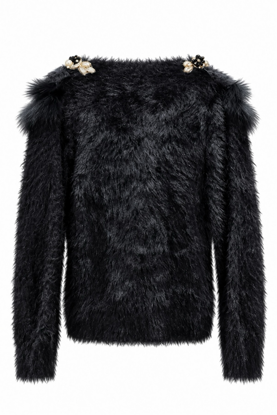 Tül Detaylı Angora Mini Hırka | Siyah