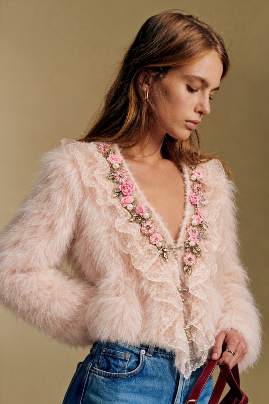 Tül Detaylı Angora Mini Hırka | Pudra