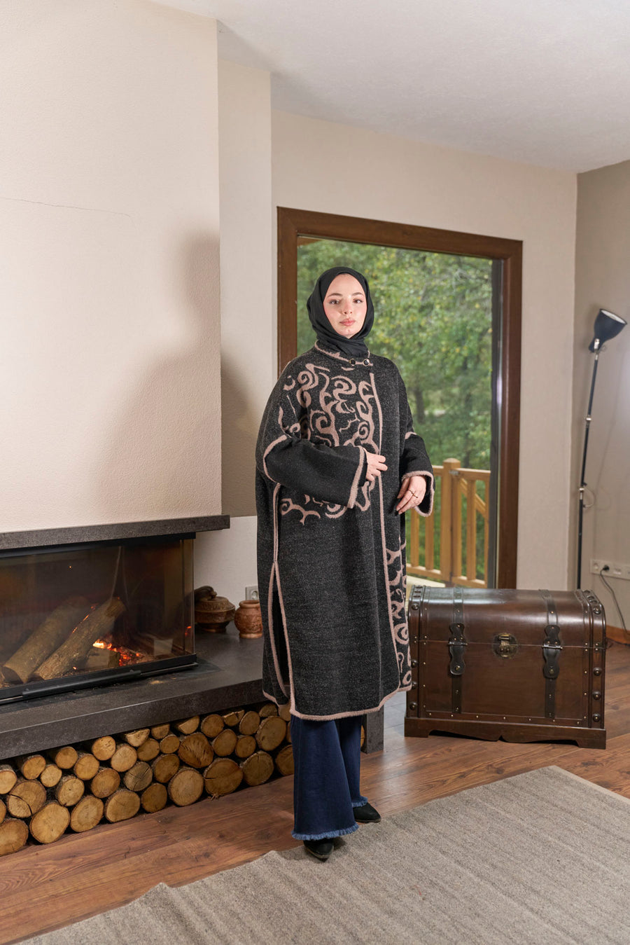 Desen Dokulu Oversize Panço – Antrasit & Pudra 235596