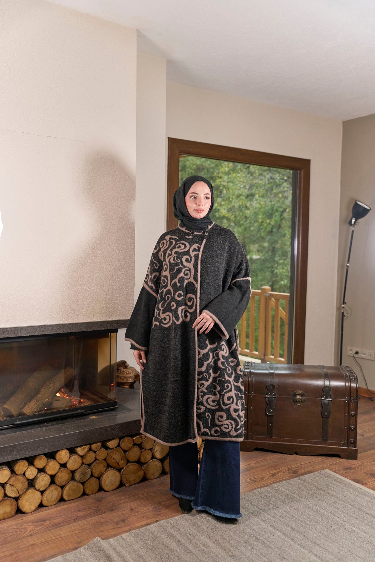 Desen Dokulu Oversize Panço – Antrasit & Pudra 235596