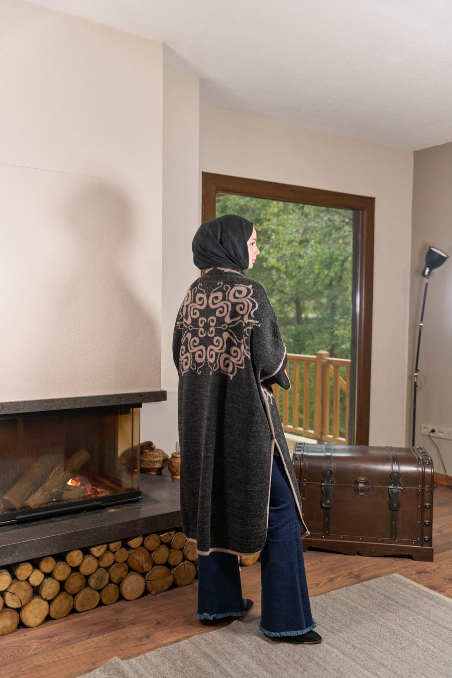 Desen Dokulu Oversize Panço – Antrasit & Pudra 235596