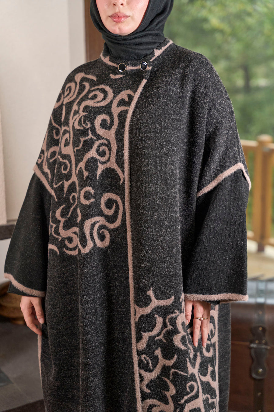 Desen Dokulu Oversize Panço – Antrasit & Pudra 235596