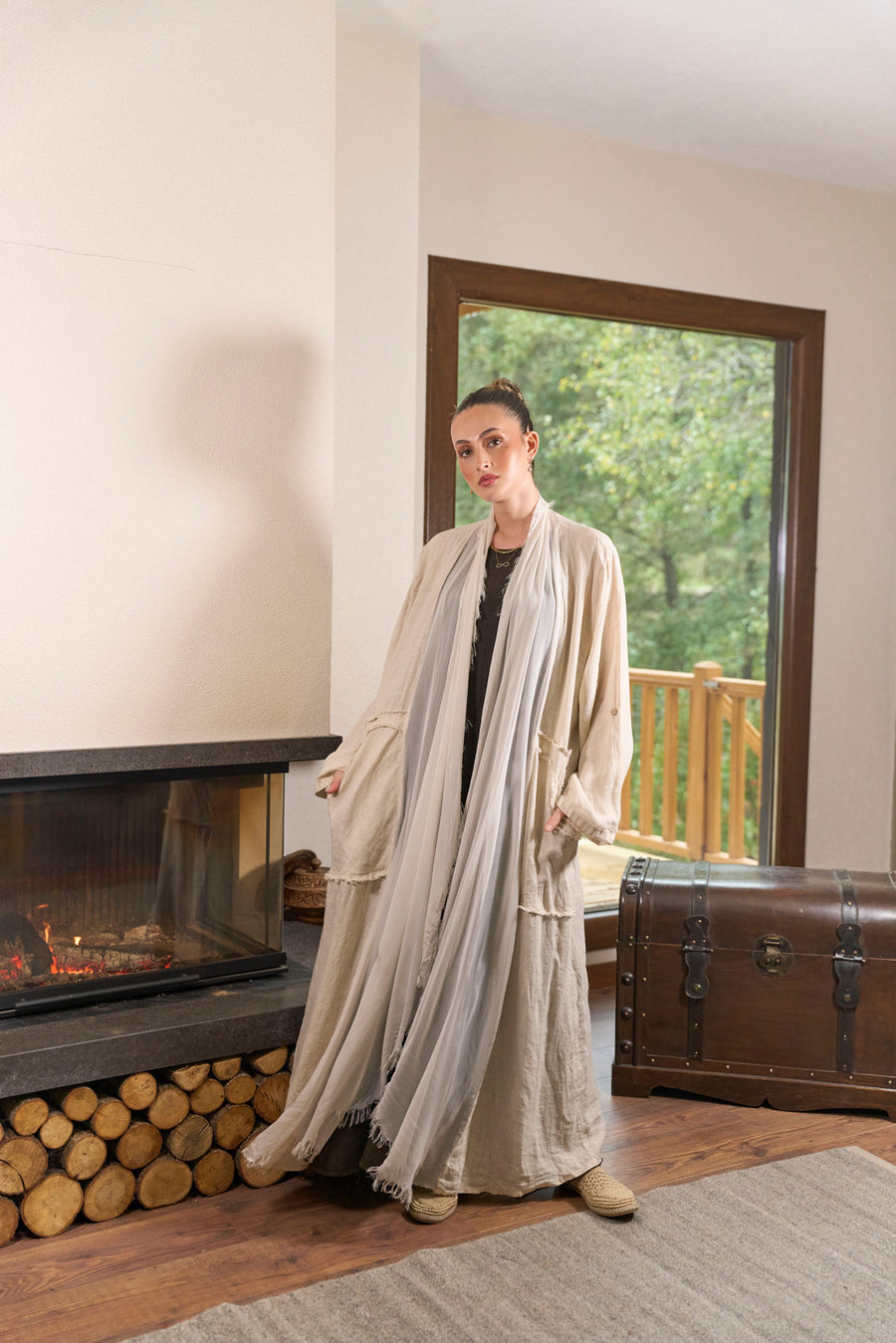 Saf Keten Uzun Kaftan Krem