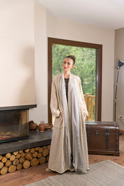 Saf Keten Uzun Kaftan Krem