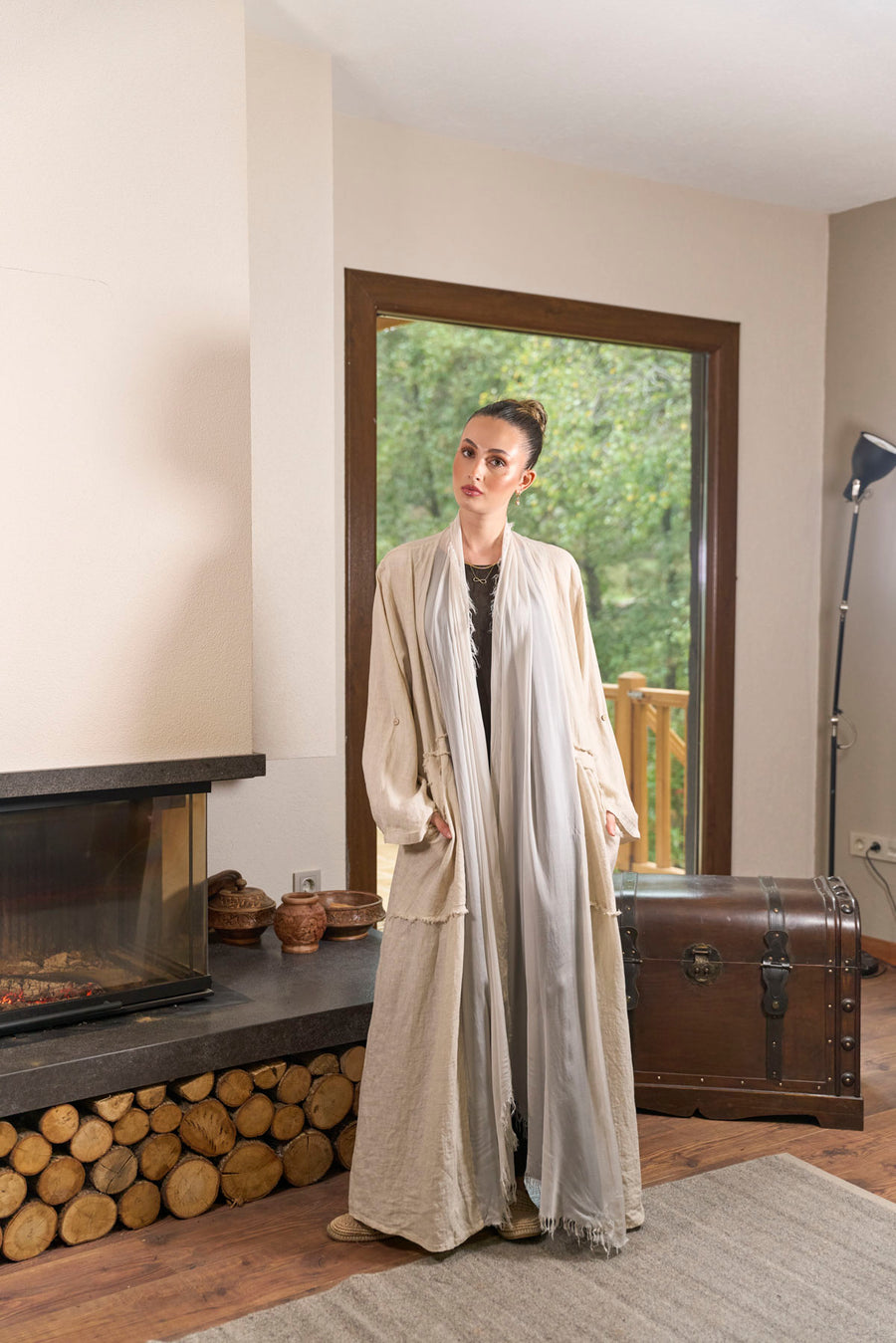 Saf Keten Uzun Kaftan Krem