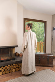 Saf Keten Uzun Kaftan Krem