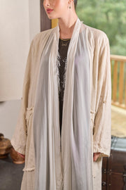 Saf Keten Uzun Kaftan Krem