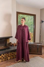 Keten Gömlek Elbise İkili Takım Bordo