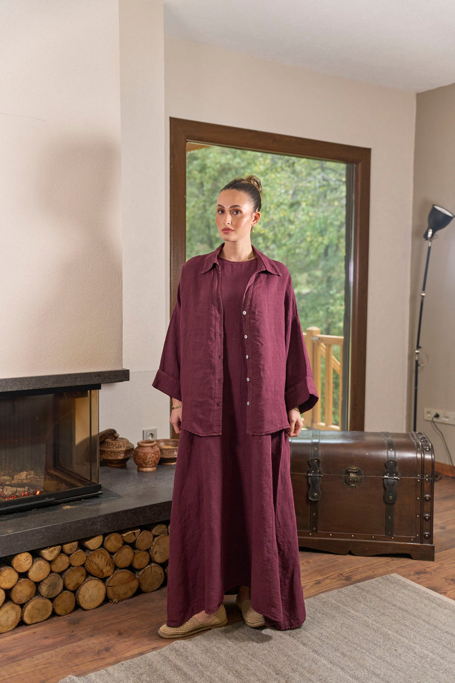 Keten Gömlek Elbise İkili Takım Bordo