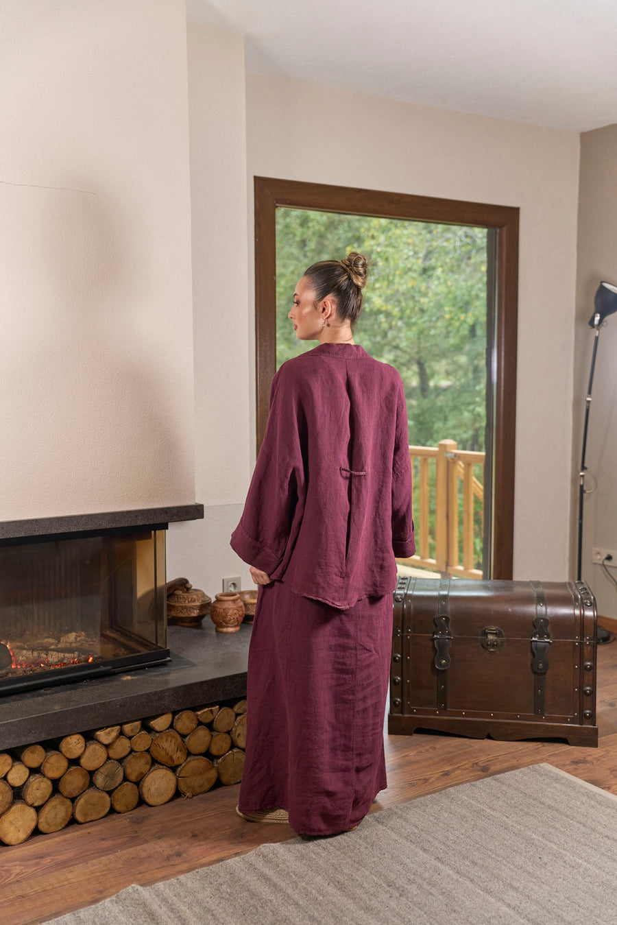 Keten Gömlek Elbise İkili Takım Bordo