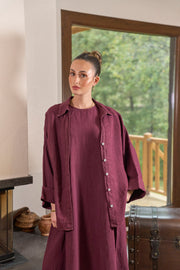 Keten Gömlek Elbise İkili Takım Bordo