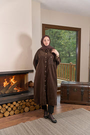 Kadife Gömlek Elbise-Kahverengi