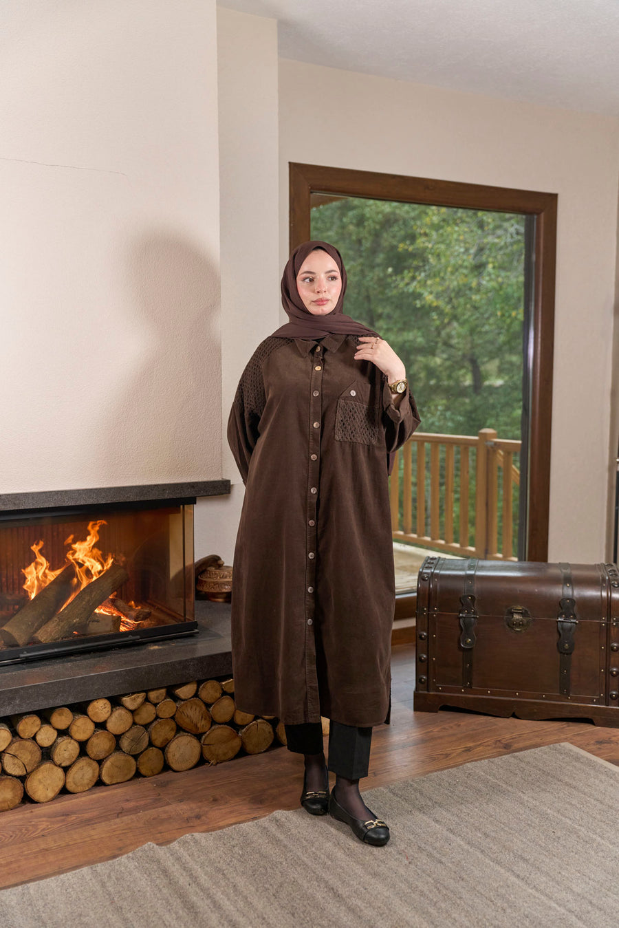 Kadife Gömlek Elbise-Kahverengi