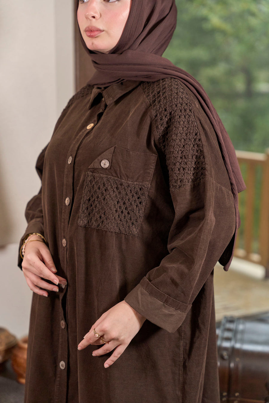 Kadife Gömlek Elbise-Kahverengi