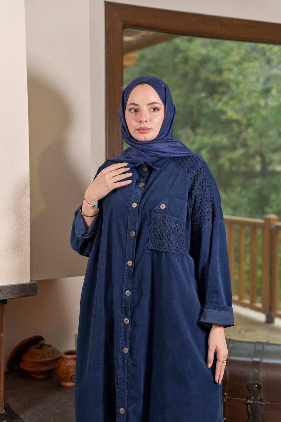 Kadife Gömlek Elbise-Lacivert