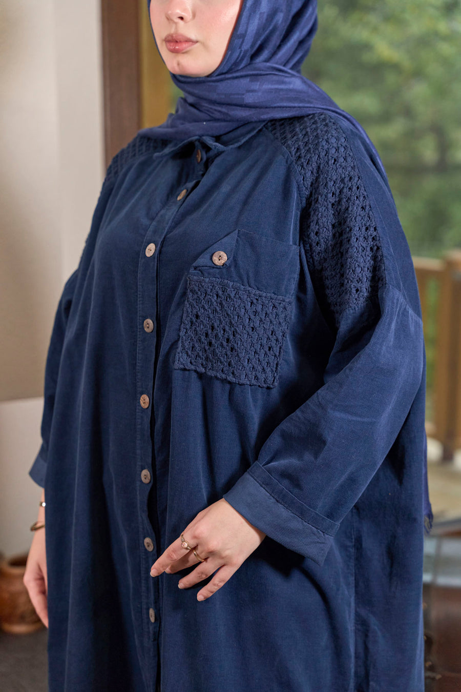 Kadife Gömlek Elbise-Lacivert