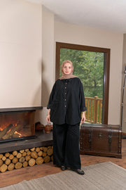 FLR-04 Kadife Çiçek Detaylı Takım-Siyah