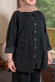 FLR-04 Kadife Çiçek Detaylı Takım-Siyah