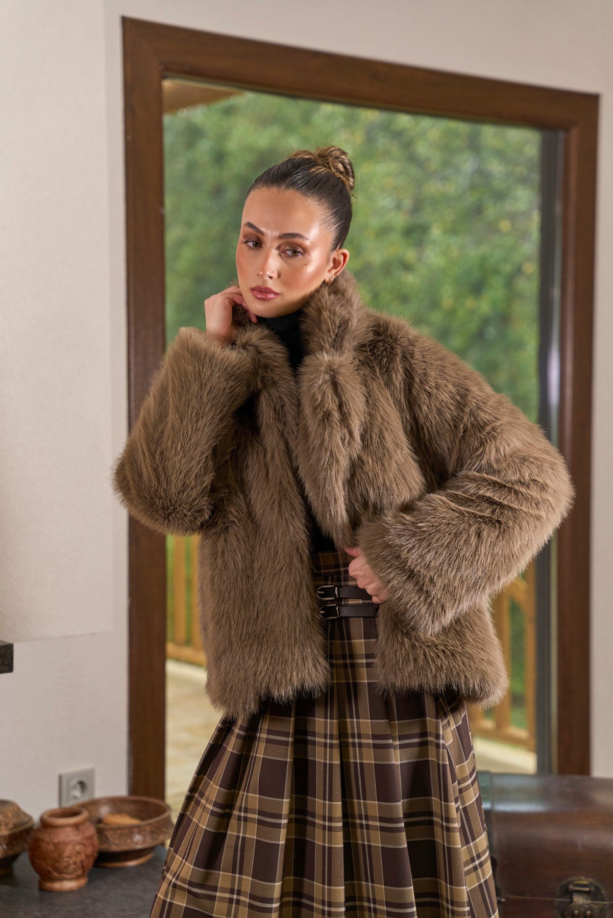 Royal Ekose Tokalı Midi Etek Kahve