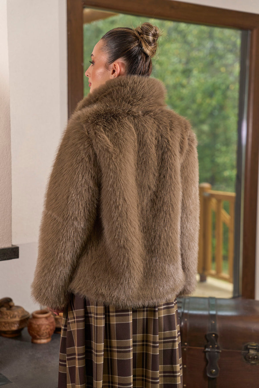 Royal Ekose Tokalı Midi Etek Kahve