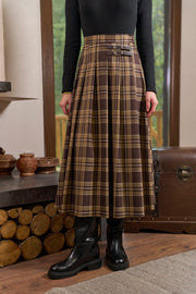 Royal Ekose Tokalı Midi Etek Kahve