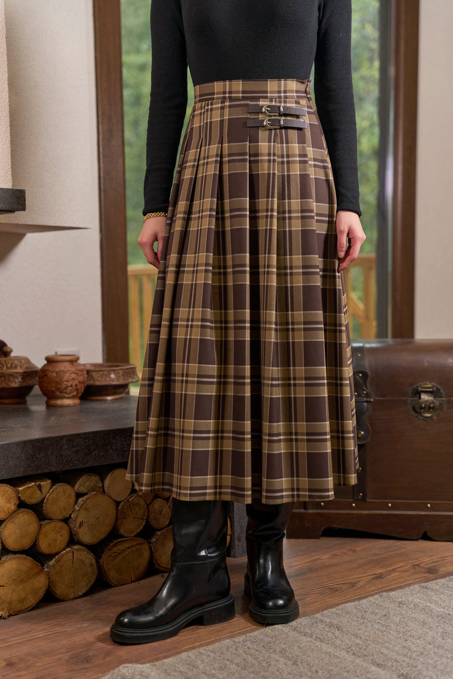 Royal Ekose Tokalı Midi Etek Kahve