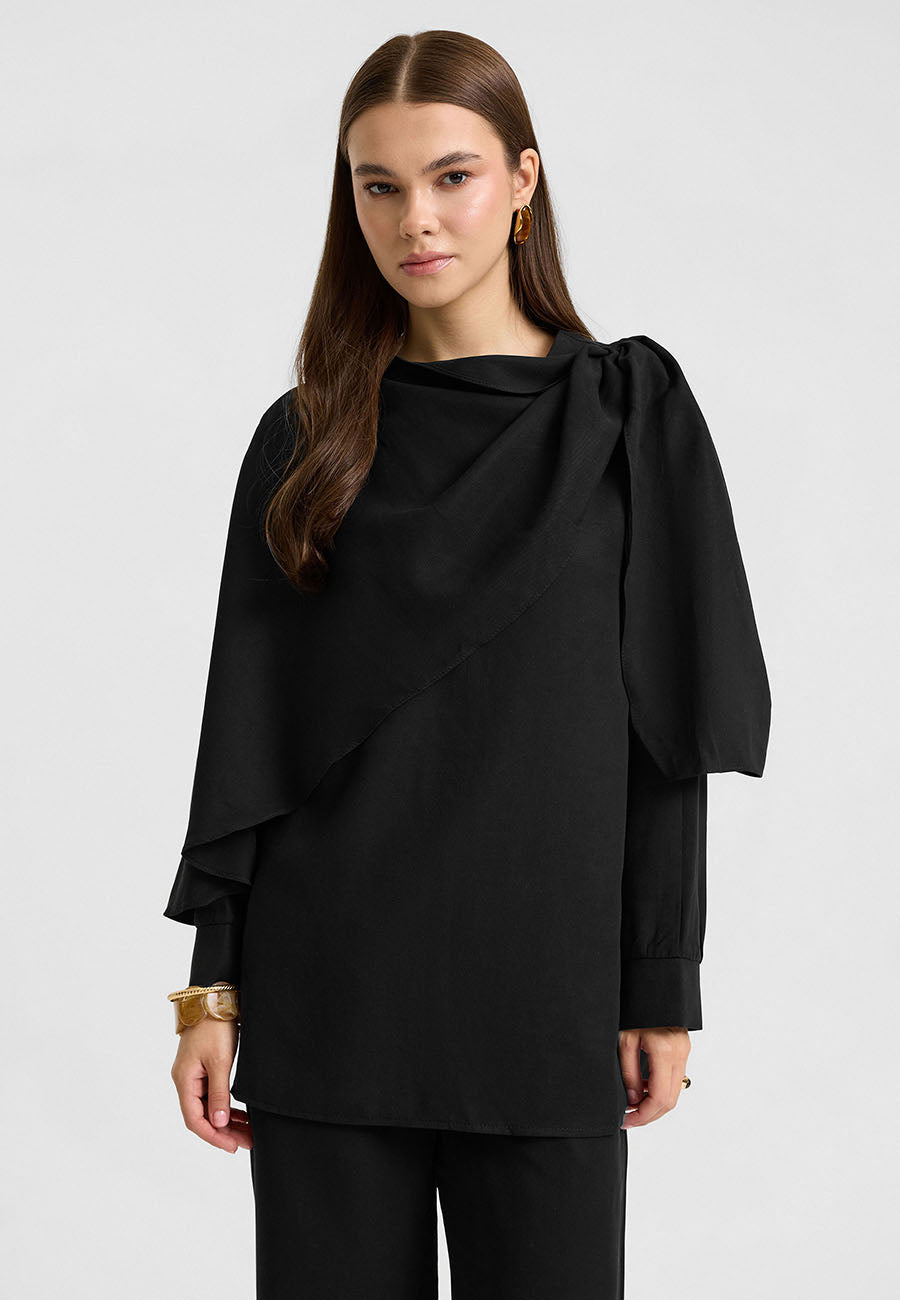 Rin Drape Yaka Bluz Takım Siyah-RS268625